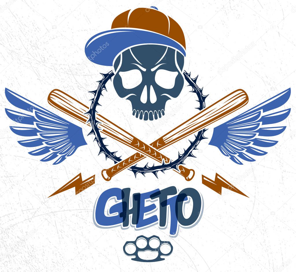 Gangster emblem logo or tattoo with aggressive skull baseball ba