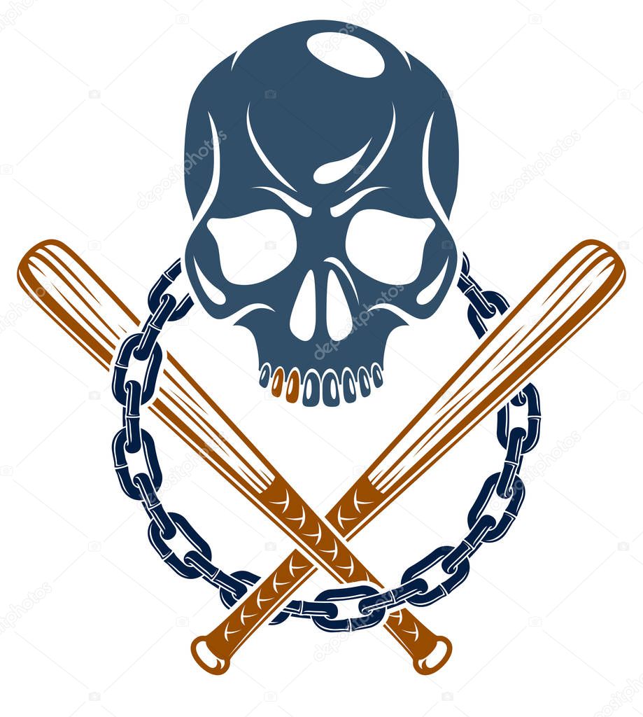 Gangster emblem logo or tattoo with aggressive skull baseball bats design elements, vector, criminal ghetto vintage style, gangster anarchy or mafia theme.
