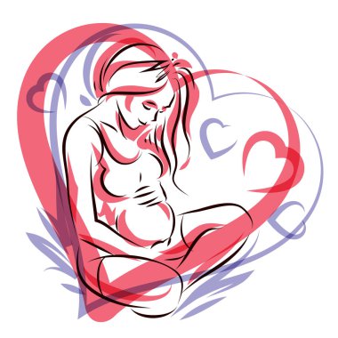 Hamile zarif kadın bebek bekliyor, el çizilmiş vektör illüstratör