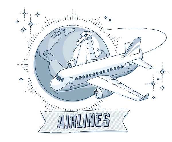 Letecké společnosti letecké cestování emblém nebo ilustrace s letadlo letadlo, — Stockový vektor
