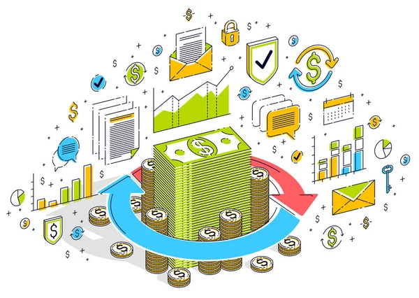 Circulação de dinheiro, retorno sobre o investimento, câmbio de moeda, dinheiro — Vetor de Stock