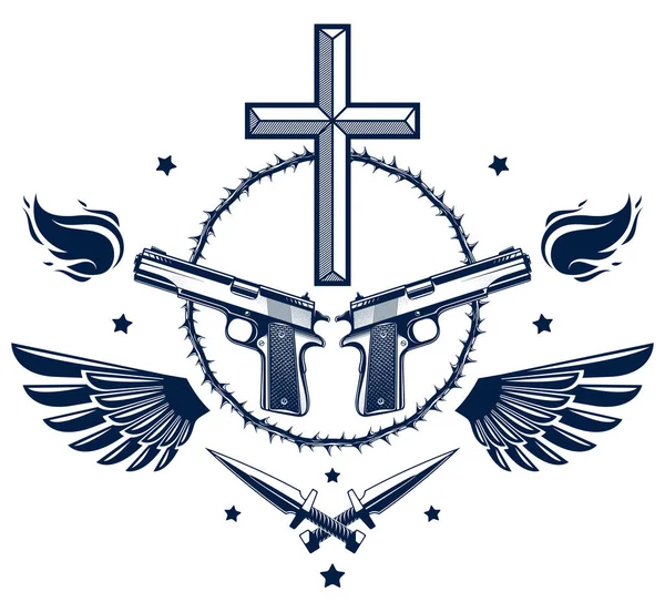 Gangster thug emblema o logotipo con Cruz Cristiana, armas y d — Archivo Imágenes Vectoriales