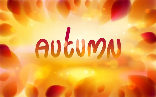 Palavra de outono desenhada em uma janela, folhas amarelas e vermelhas bac borrado — Vetor de Stock
