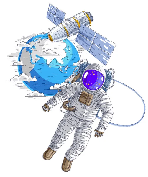 Астронавт вышел в открытое пространство, соединенное с космической станцией — стоковый вектор