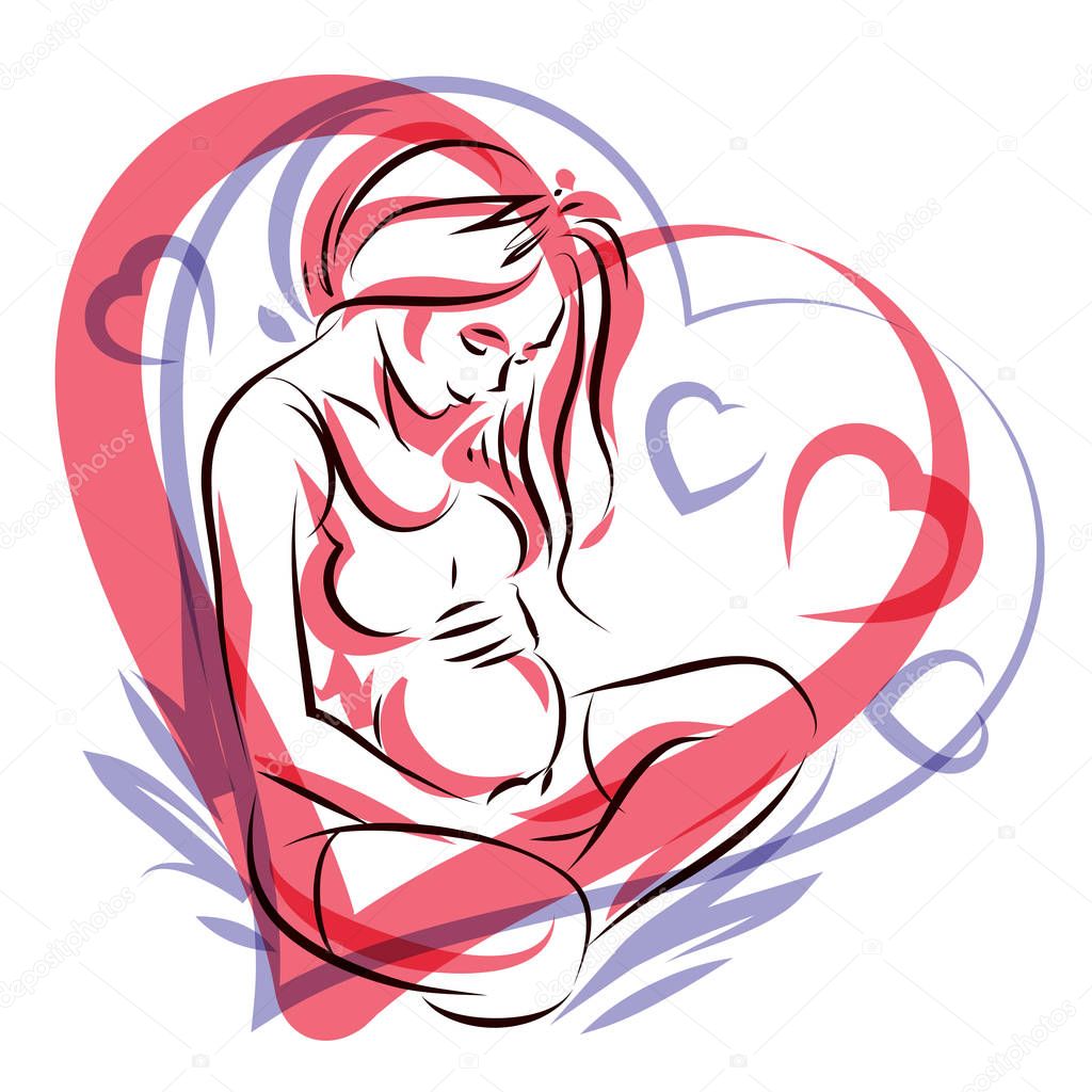 Pregnant elegant woman expects baby, hand-drawn vector illustrat