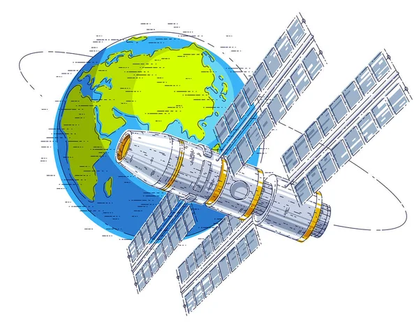 Estación espacial orbitando alrededor de la tierra, vuelos espaciales, spa de naves espaciales — Vector de stock