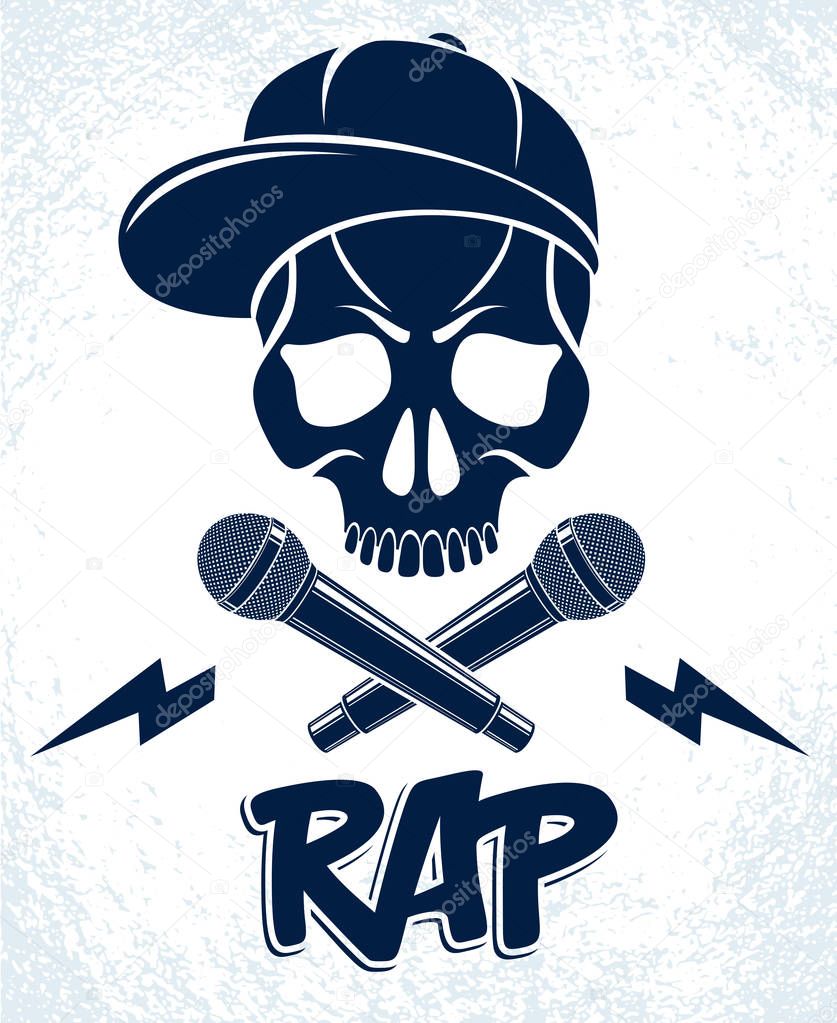 Hip Hop music vector logo or label with wicked skull and two microphones crossed like crossbones, Rap rhymes night club party festival or concert emblem, t-shirt print.