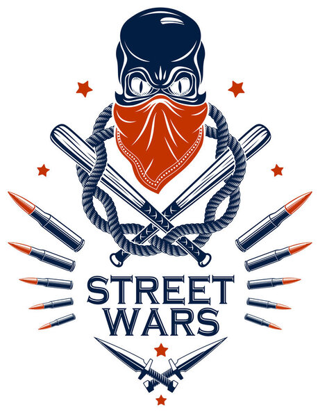 Brutal gangster emblem or logo with aggressive skull baseball ba