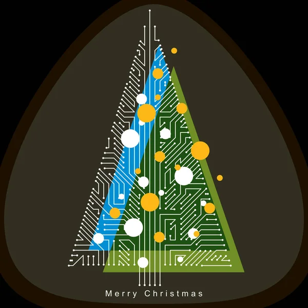 Vector illustration of futuristic evergreen Christmas tree, tech — Stock Vector