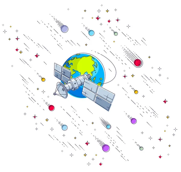 Satélite orbitando em torno da terra, voo espacial, comunicação spac —  Vetores de Stock