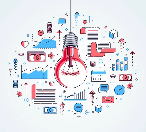 Lâmpada brilhante e conjunto de ícones, ideia de negócio criativo conc —  Vetores de Stock
