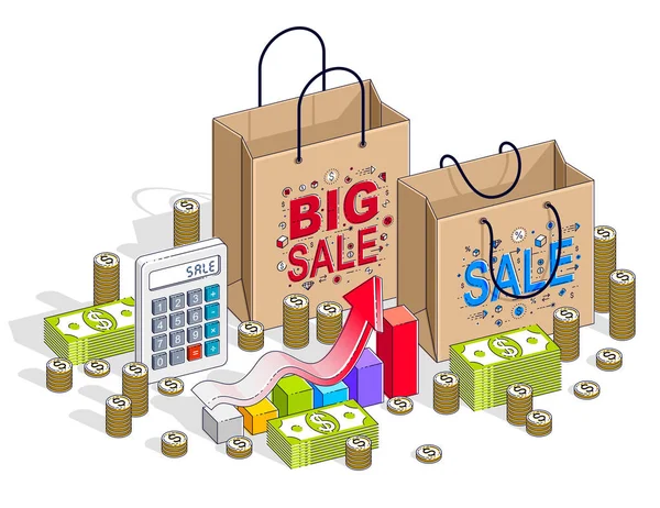 Nagy eladó koncepció, kiskereskedelem, kiárusítás, bevásárlótáska készpénz — Stock Vector