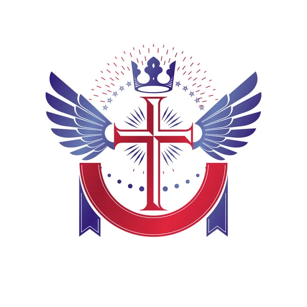 Gevleugelde christelijke kruis embleem gecomponeerd met koninklijke kroon en luxu — Stockvector