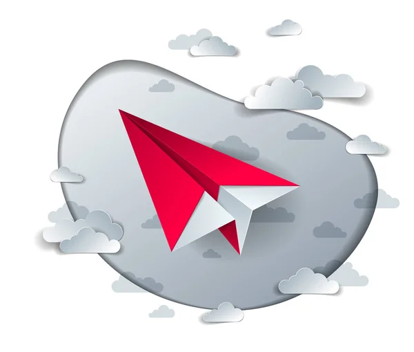 Avião de papel voando no céu nublado cênico, origami dobrado brinquedo airp — Vetor de Stock