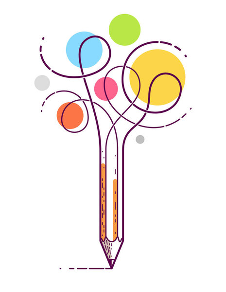 Graphic pencil with curly lines symbolizes creativity, vector lo