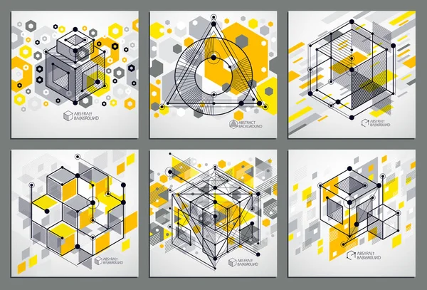 Schéma mécanique, dessins d'ingénierie vectoriels jaunes avec 3 — Image vectorielle
