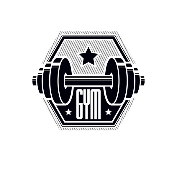 Gym weightlifting and fitness sport club logo, retro stylized ve — Stock Vector