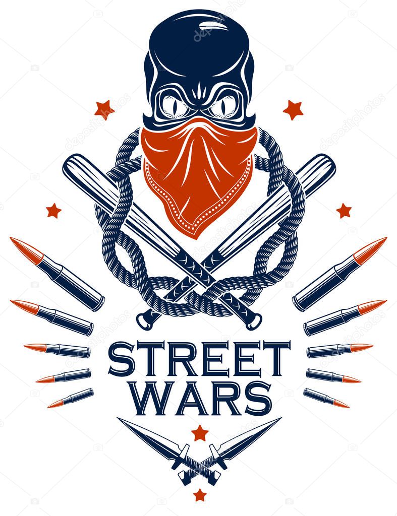 Brutal gangster emblem or logo with aggressive skull baseball bats and other weapons and design elements, vector anarchy crime or terrorism retro style, ghetto revolutionary.