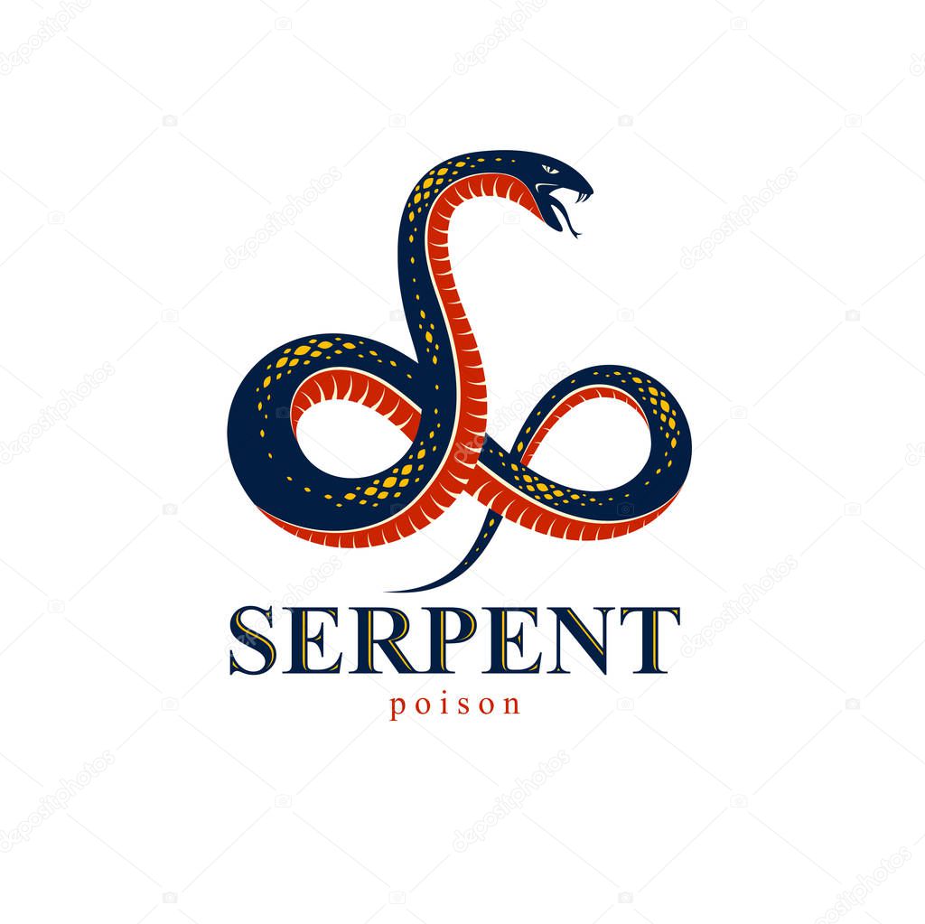 Venomous snake vintage tattoo, vector logo or emblem of aggressive predator reptile, deadly poisoned serpent symbol, vintage style illustration.