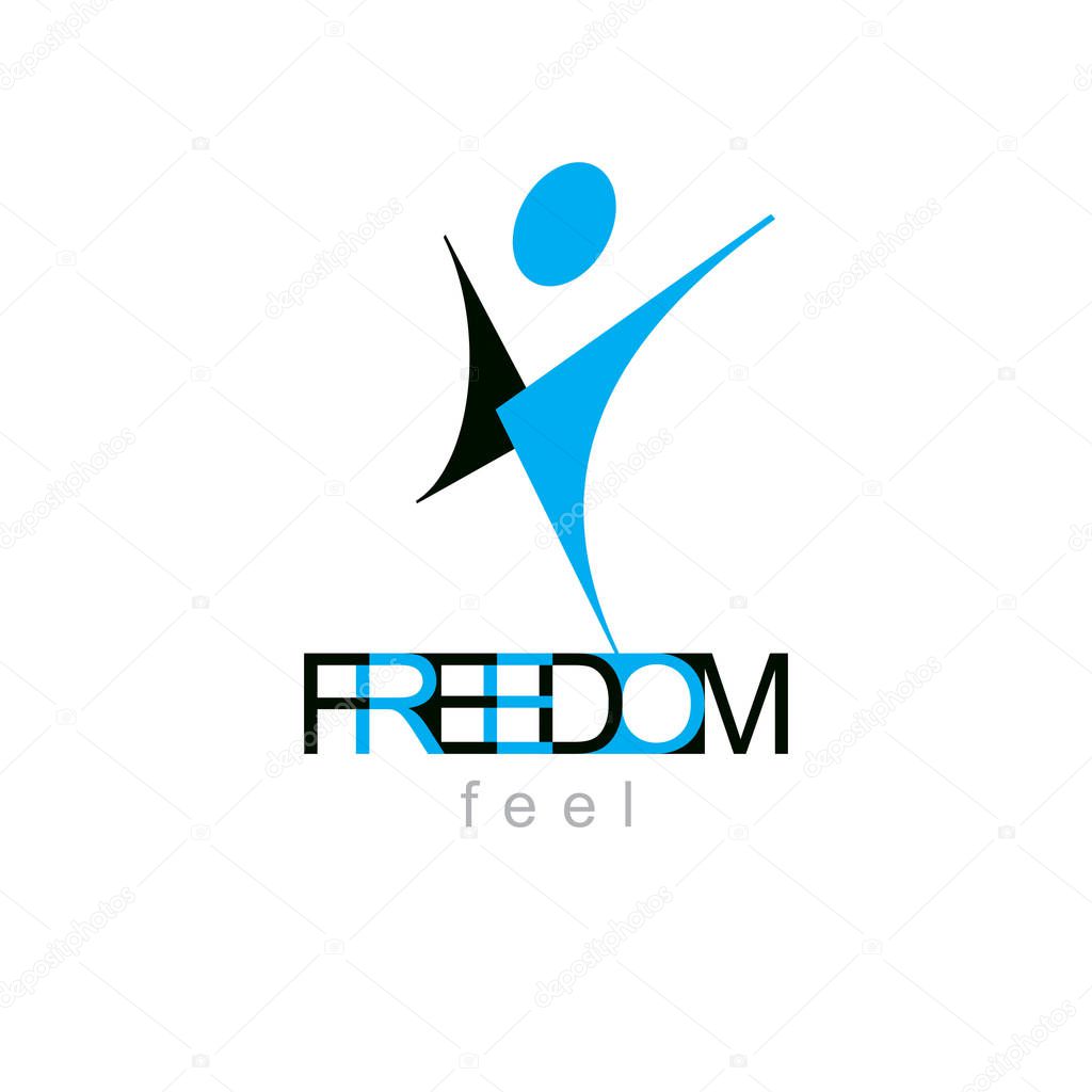 Vector illustration of joyful abstract individual with raised hands up. Liberty conceptual icon. Happiness metaphor emblem. Business innovation idea creative logotype.