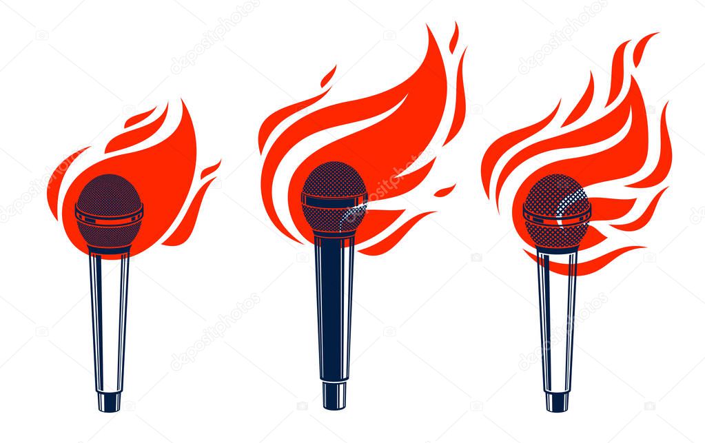 Microphone on fire, hot mic in flames, rap battle rhymes music, 