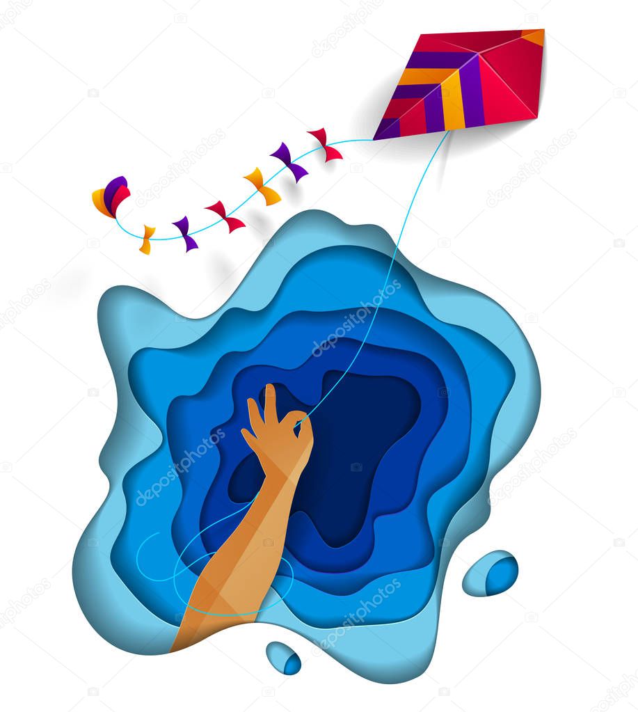 Hand holding kite over abstract curve shapes of blue layers sky,