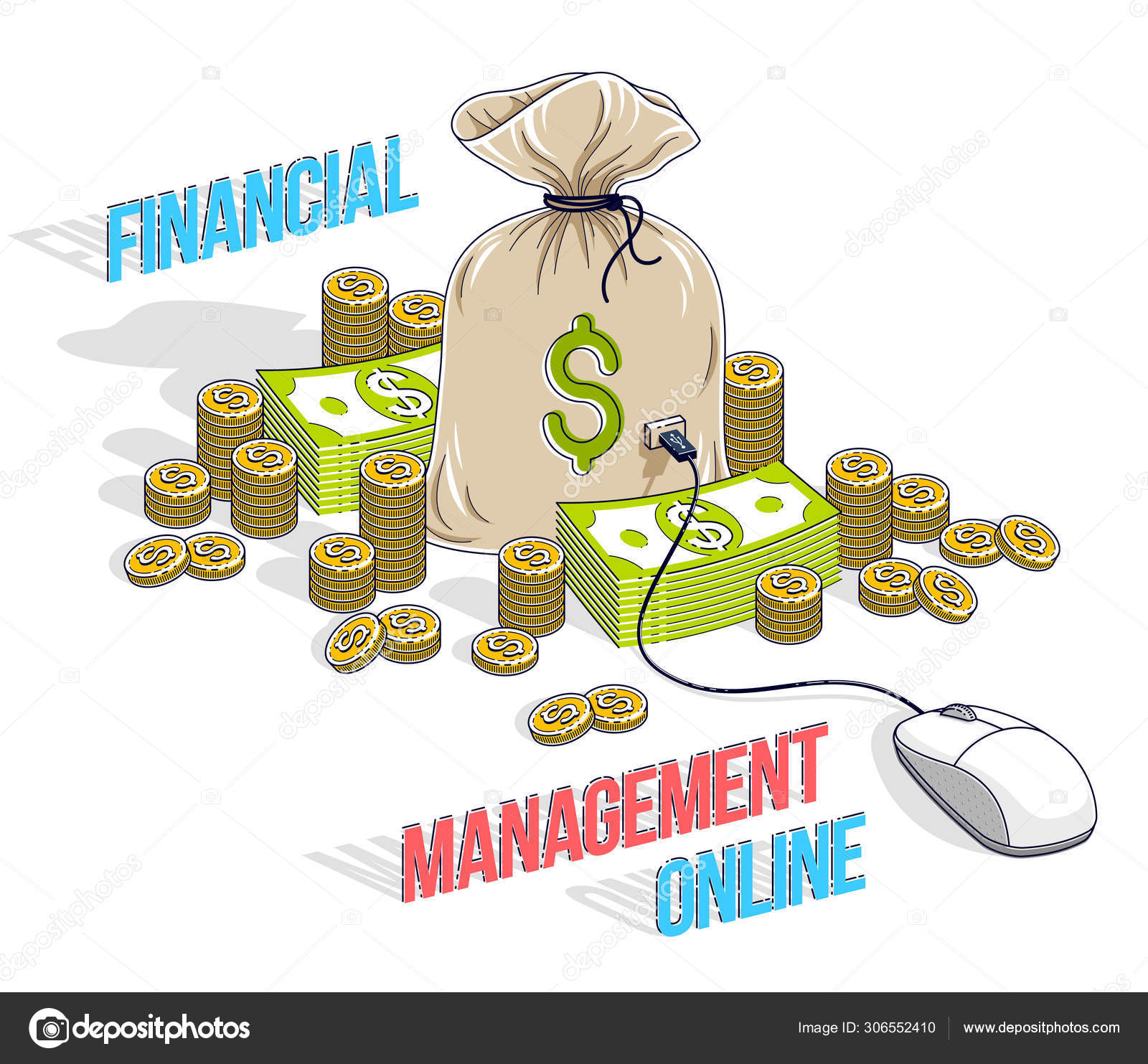 financial management online concept money bag with dollar online financial management