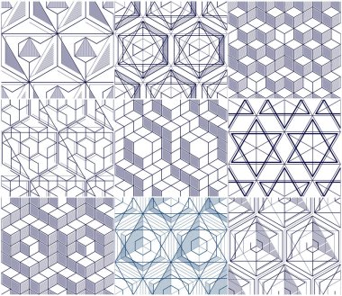 Soyut geometrik çizgiler sorunsuz desenleri kümesi, 3B vektör backgr