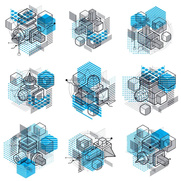 Abstract 3d shapes compositions, vector isometric backgrounds. C — Stock Vector