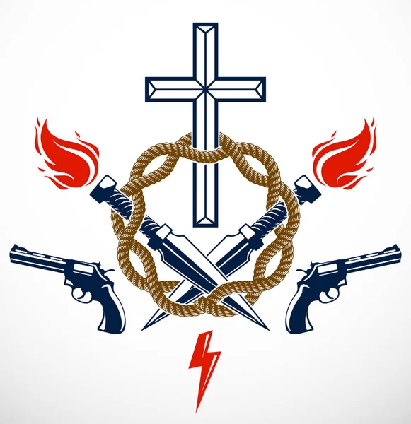 Gangster thug emblème ou logo avec Christian Cross, armes et d — Image vectorielle