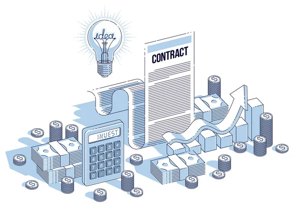 Koncepcja kontraktu finansowego, dokument papierowy i stosy środków pieniężnych — Wektor stockowy