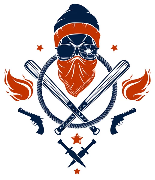 Brutal gangster emblem eller logotyp med aggressiva skalle baseball ba — Stock vektor