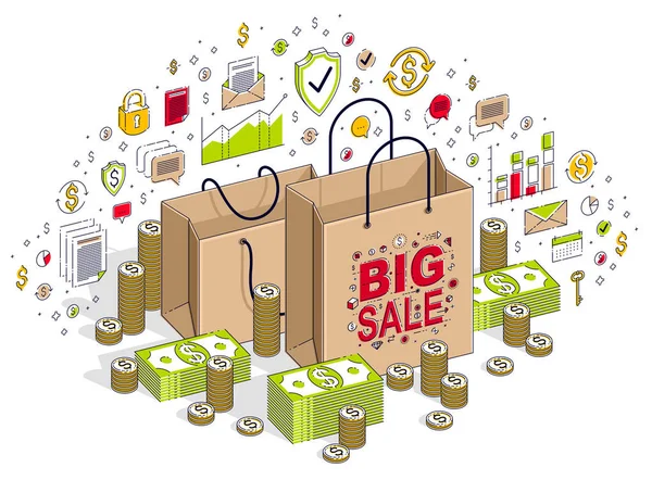 Концепция Big Sale, Retail, Sellout, Shopping Bag с деньгами — стоковый вектор