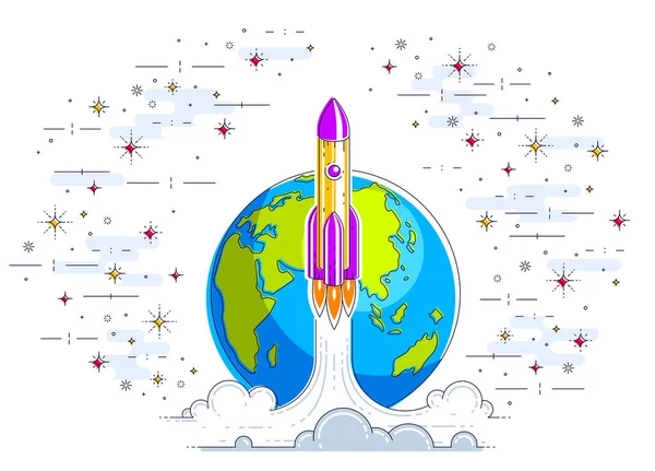 Raket lancering in onontdekte ruimte met planeet aarde in ACHTERG — Stockvector