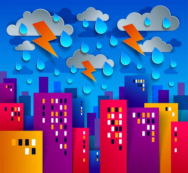 La ville abrite des bâtiments sous l'orage et la foudre papier coupé — Image vectorielle