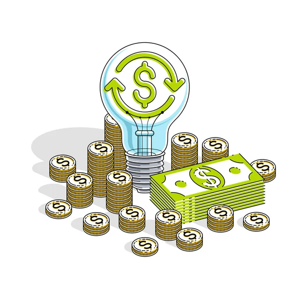 Business creative Idea concept, Light Bulb with cash money stack — Stock Vector