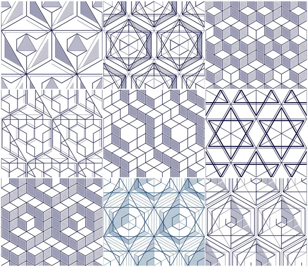 Líneas geométricas abstracto patrones sin costura conjunto, 3d vector backgr — Archivo Imágenes Vectoriales