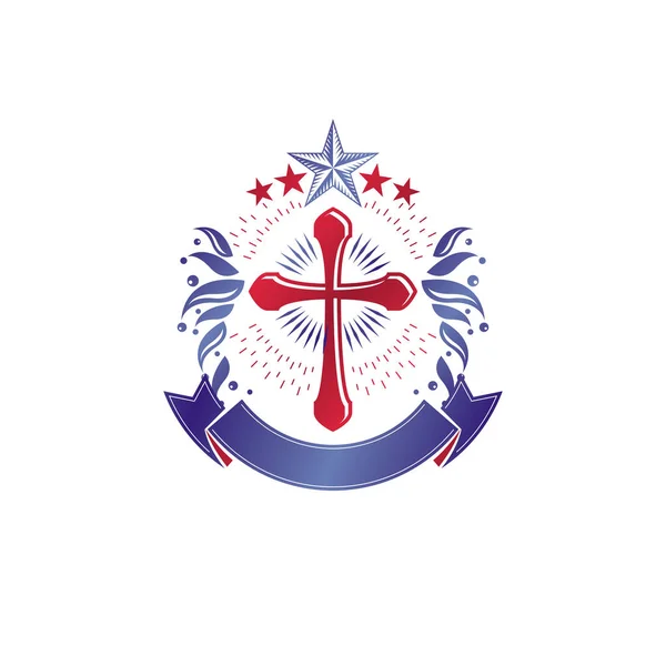 Emblema gótico Christian Cross criado com estrela pentagonal e l — Vetor de Stock