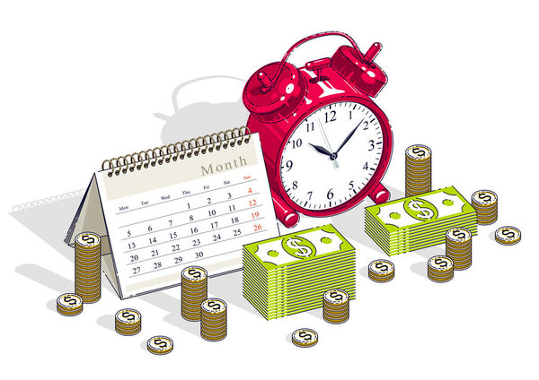 Deadline concept, table Alarm Clock and Calendar with cash money