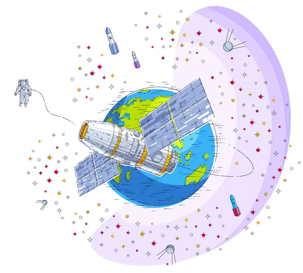 宇宙ステーションの軌道飛行宇宙船スパ地球の周りを飛んでいます。 — ストックベクタ