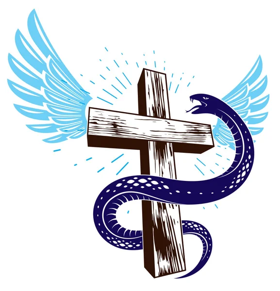 蛇在十字架复古纹身, 蛇包裹在基督徒周围 — 图库矢量图片