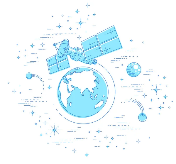 Communication satellite flying orbital spaceflight around earth, — Stock Vector
