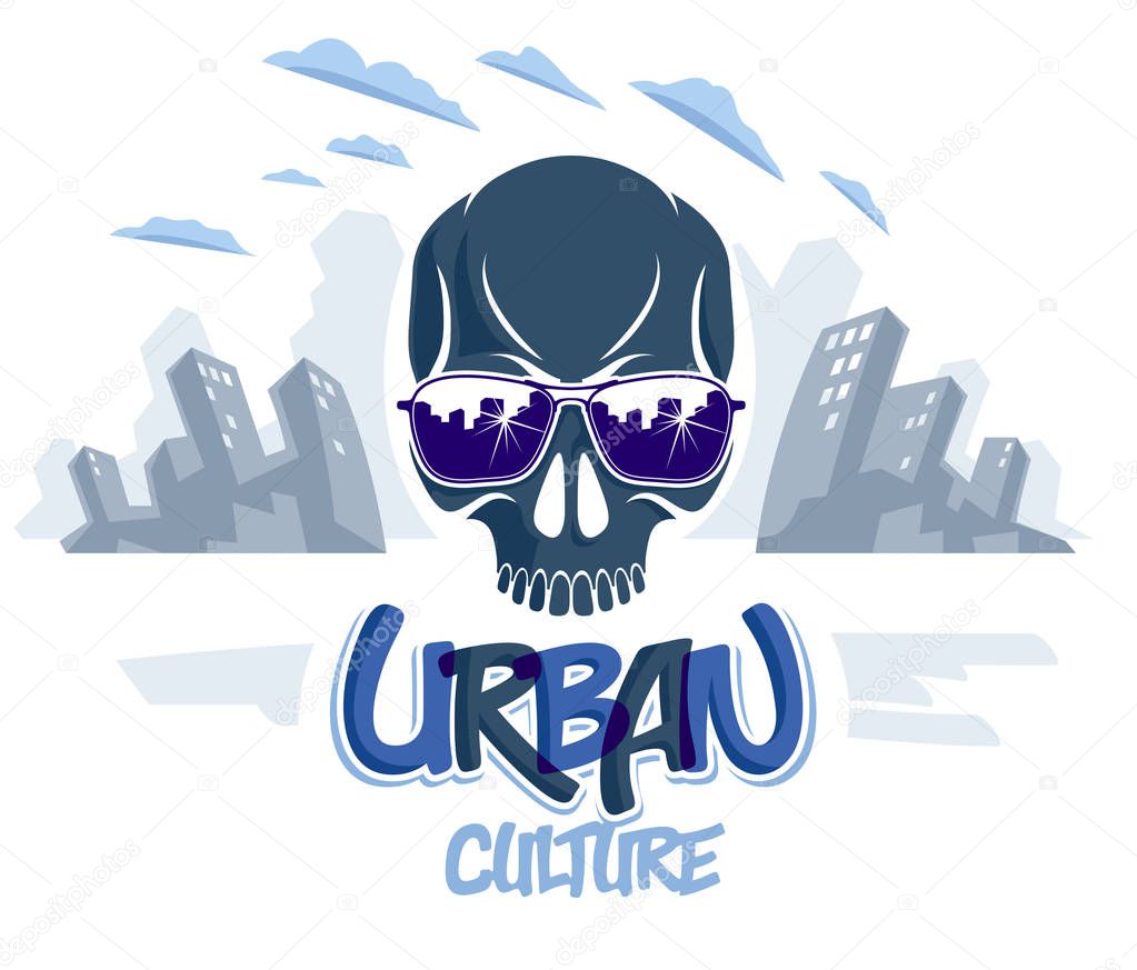 Urban culture style skull in sunglasses vector logo or emblem, gangster or thug illustration, anarchy chaos hooligan, ghetto theme.