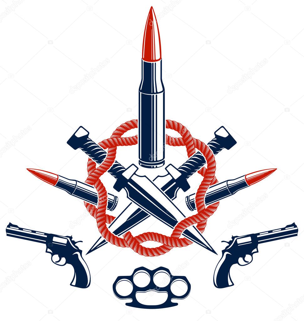 Bullets and guns vector emblem of Revolution and War, logo or tattoo with lots of different design elements, anarchy and chaos concept, criminal and gangster style, social tension theme.