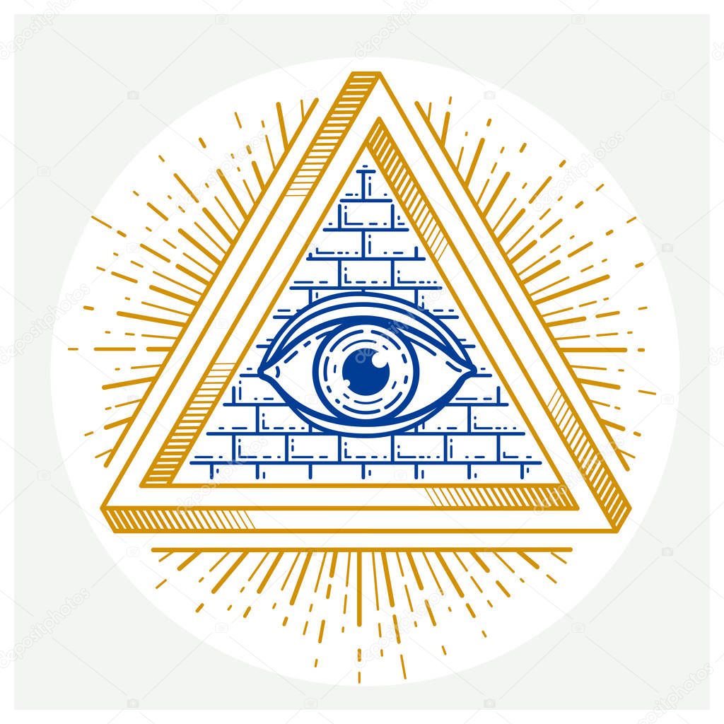 All seeing eye of god in sacred geometry triangle, masonry and illuminati symbol, vector logo or emblem design element.