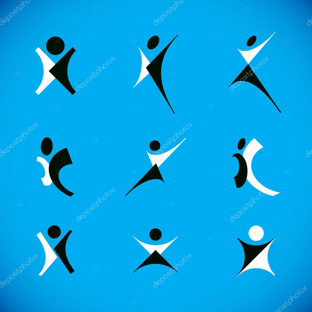 Vector illustration of excited abstract person with raised hands up. Business development logotype