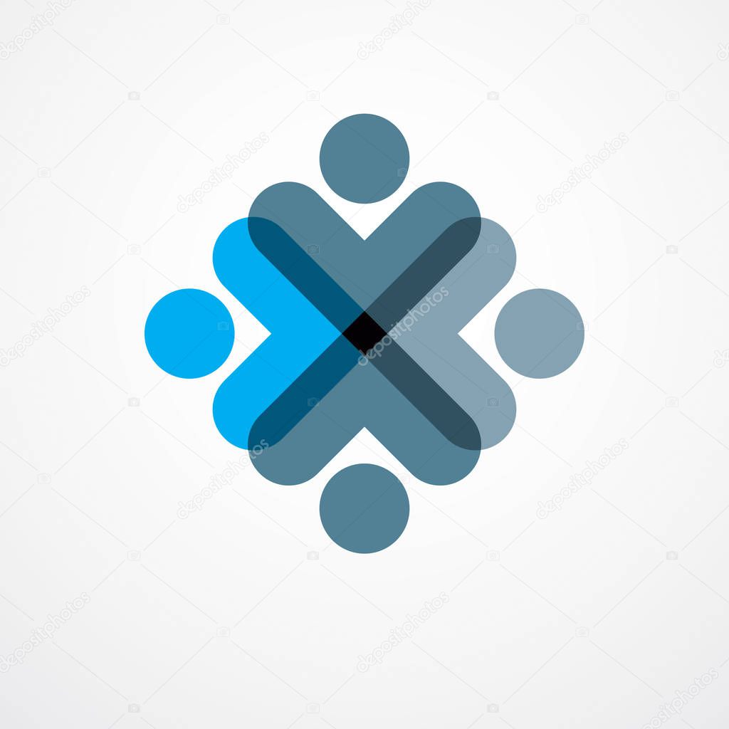Teamwork and friendship concept created with simple geometric elements as a people crew. Vector icon or logo. Unity and collaboration idea, dream team of business people blue design.