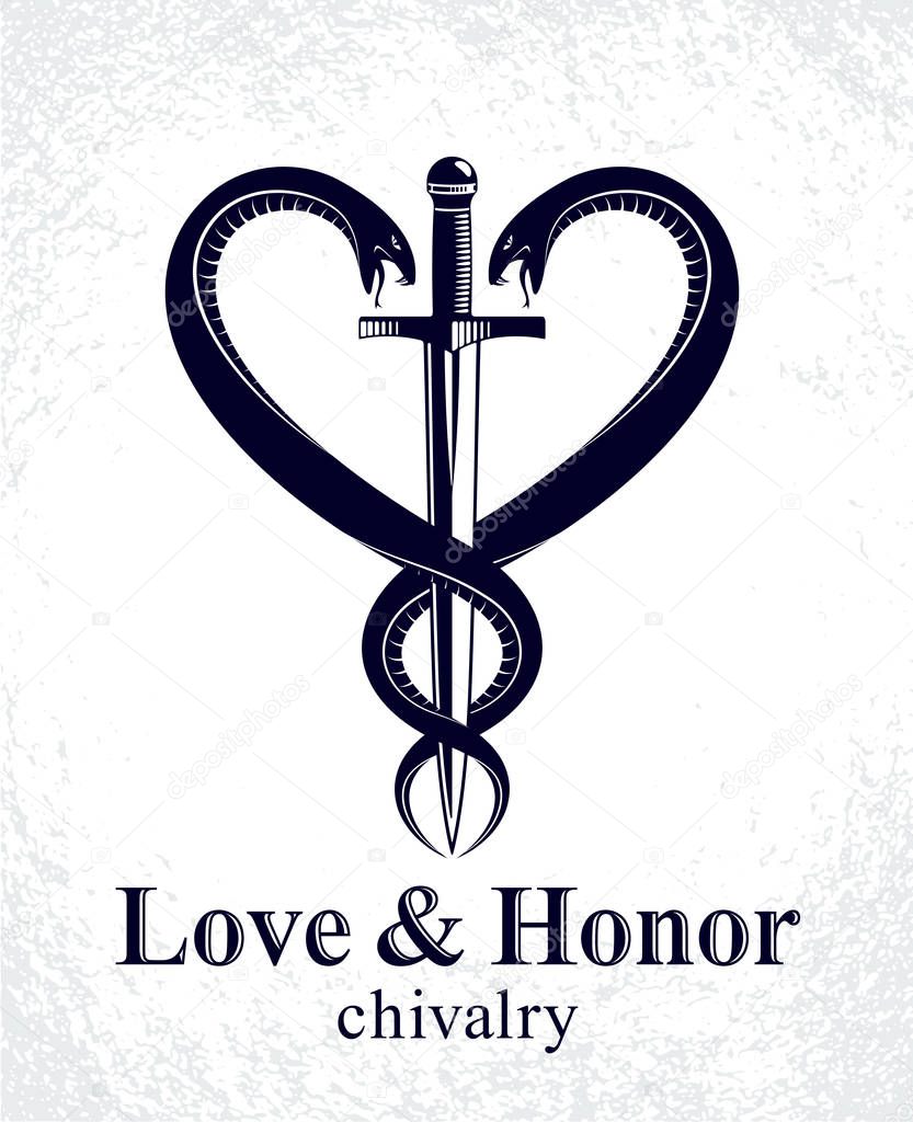 Dagger and two snakes in a shape of heart vector vintage style emblem or logo, chivalry love and honor concept, medieval Victorian style.