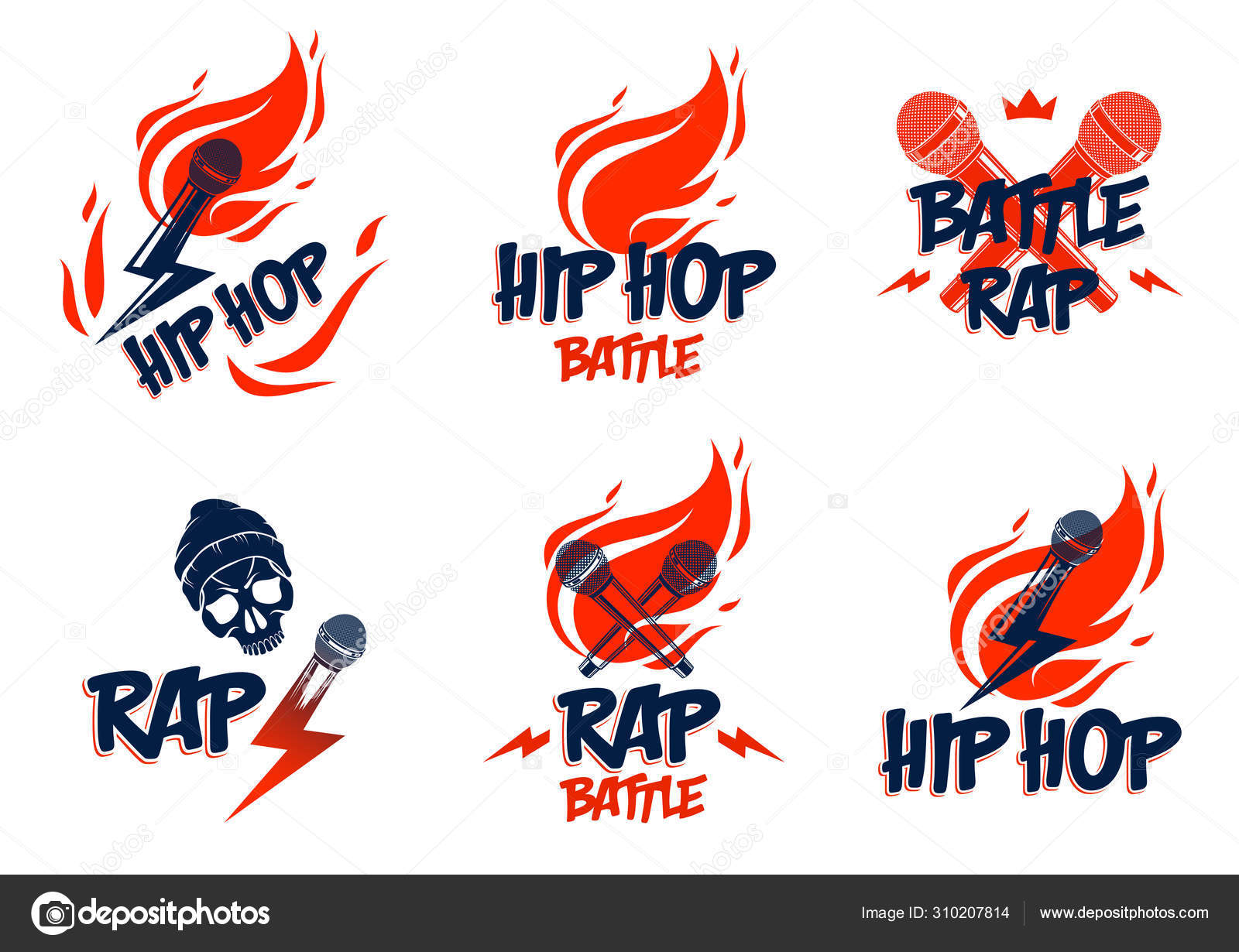 Rap music vector logos or emblems set with microphone in hand fl