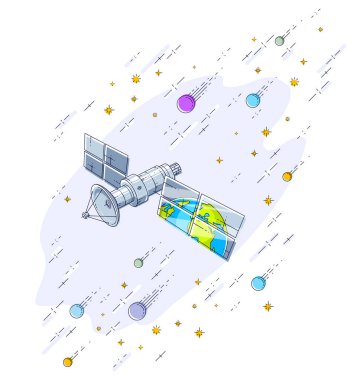 Global communication technology satellite flying in the starry s clipart